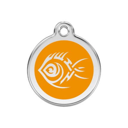 Vue avant - Médaille personnalisée pour chien Red Dingo Émail et acier inoxydable motif poisson tribal orange - Taille M