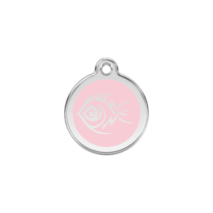 Vue avant - Médaille personnalisable en émail et acier inoxydable pour chat - Motif poisson tribal rose - Red Dingo 01-TF-PK-SM