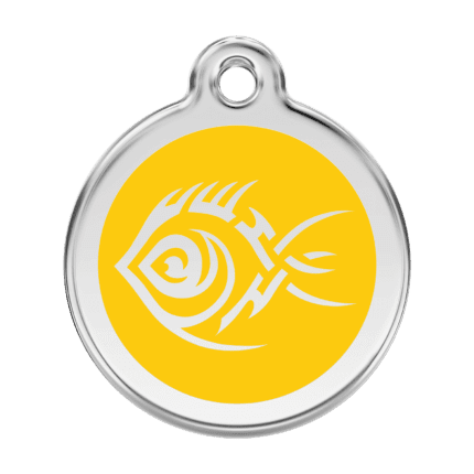 Vue avant - Médaille personnalisée pour chien Red Dingo Émail et acier inoxydable - Poisson tribal Jaune - Taille L