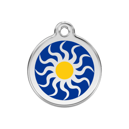 Vue avant - Médaille personnalisée pour chien/chat Red Dingo Émail/Acier inoxydable Soleil Tribal Bleu foncé - Taille M