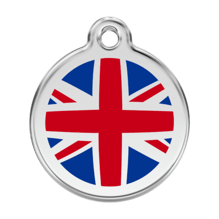 Vue avant - Médaille personnalisée pour chien Red Dingo Émail et acier inoxydable Drapeau britannique Bleu foncé - Taille L