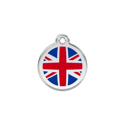 Vue avant - Médaille personnalisée pour chien/chat Red Dingo Émail/Acier inoxydable Drapeau britannique Bleu foncé - Taille S - 01-UK-DB-SM