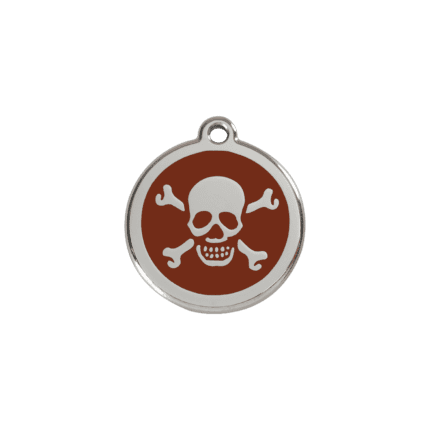 Vue avant - Médaille personnalisée en émail et acier inoxydable Red Dingo - Tête de mort brun - Taille S