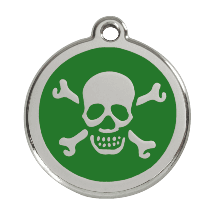 Vue avant - Médaille personnalisée pour chien Red Dingo Émail et acier inoxydable - Tête de mort - Vert - Taille L