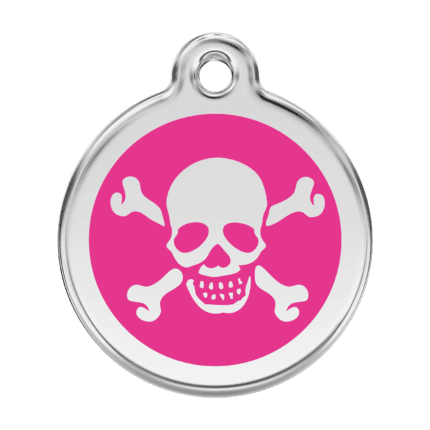 Vue avant - Médaille personnalisée pour chien Red Dingo Émail et acier inoxydable - Tête de mort - Rose vif - Taille L