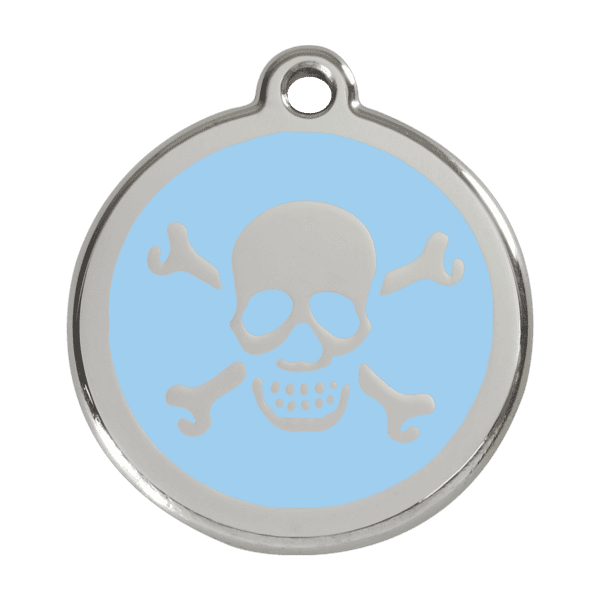Vue avant - Médaille personnalisée pour chien Red Dingo Émail et acier inoxydable - Tête de mort bleu clair - Taille L