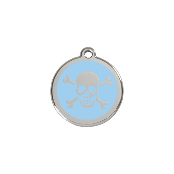 Vue avant - Médaille personnalisée pour chien/chat Red Dingo Émail et acier inoxydable - Tête de mort bleu clair - Taille S