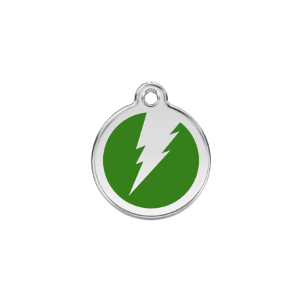 Vue avant - Médaille personnalisable pour chien/chat Red Dingo Émail et acier inoxydable - Motif éclair vert - Taille S
