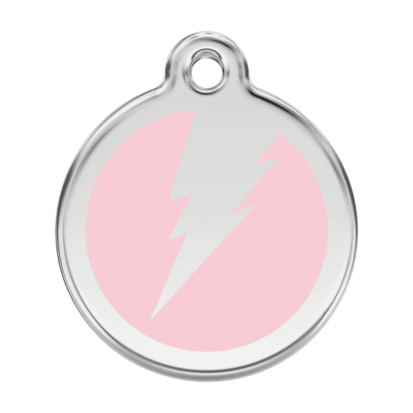 Vue avant - Médaille personnalisable pour chien Red Dingo Émail et acier inoxydable - Motif éclair - Rose - Taille L
