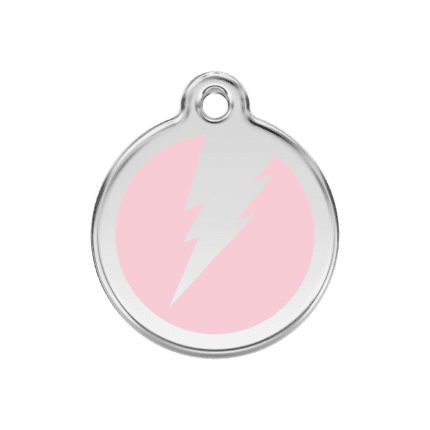 Vue avant - Médaille personnalisée pour chien Red Dingo Émail et acier inoxydable - Motif éclair - Rose - Taille M