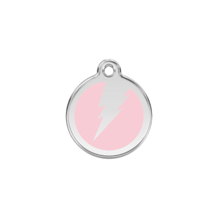 Vue avant - Médaille personnalisée pour chat en émail et acier inoxydable - Red Dingo - Motif éclair rose - Taille S - 01-ZF-PK-SM