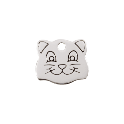 Vue avant - Médaille personnalisée pour chat Red Dingo - Plat en acier inoxydable - Tête de chat - Taille S