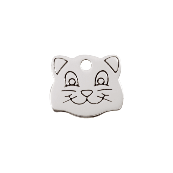 Vue avant - Médaille personnalisée pour chat Red Dingo - Plat en acier inoxydable - Tête de chat - Taille S