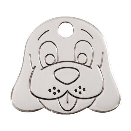 Vue avant - Médaille personnalisable pour chien Red Dingo - Plat en acier inoxydable - Tête de chien - Taille L