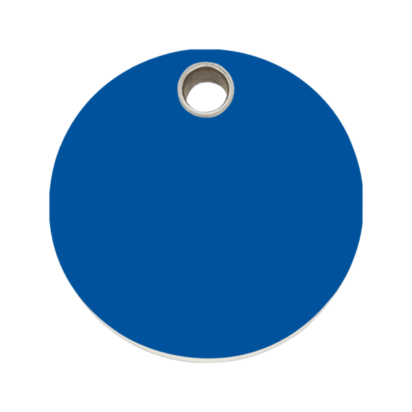 Vue avant - Médaille personnalisable pour chien - Red Dingo - Plastique plat - Cercle bleu foncé - Taille L