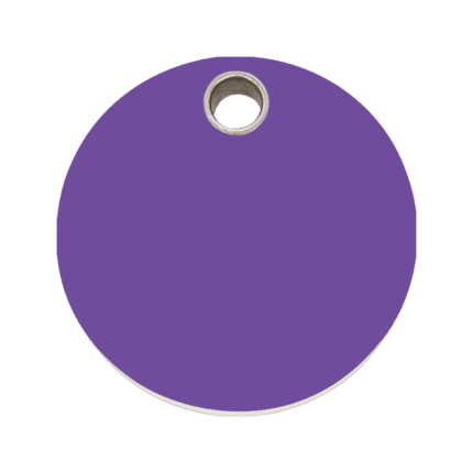 Vue avant - Médaille personnalisée pour chien ou chat - Red Dingo - Collection Plastique Plat - Cercle Violet - Taille L