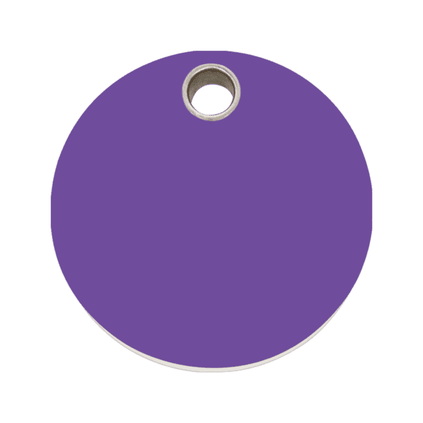 Vue avant - Médaille personnalisée pour chien ou chat - Red Dingo - Collection Plastique Plat - Cercle Violet - Taille L
