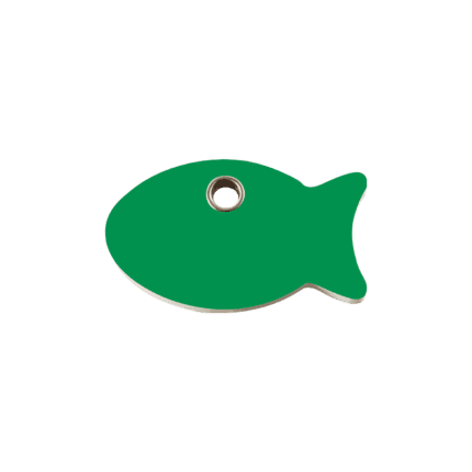 Vue avant - Médaille personnalisée pour chat Red Dingo Plastique plat motif poisson vert - Taille S
