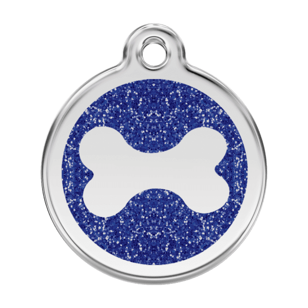 Vue avant - Médaille personnalisée pour chien Red Dingo Émail pailleté Os scintillant Bleu foncé - Taille L