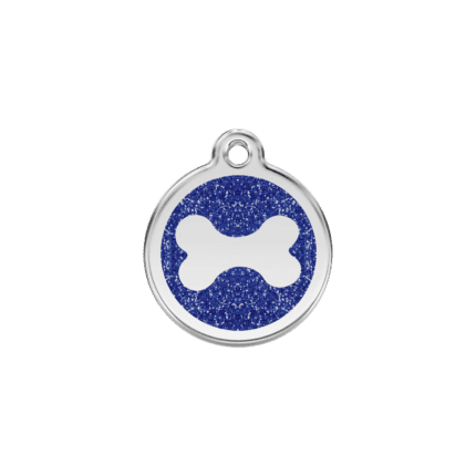 Vue avant - Médaille personnalisée pour chat ou chien - Red Dingo Émail pailleté Os scintillant Bleu foncé