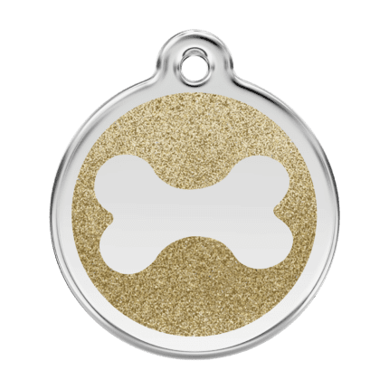 Vue avant - Médaille personnalisable pour chien Red Dingo Émail pailleté Or - Os scintillant - Taille L