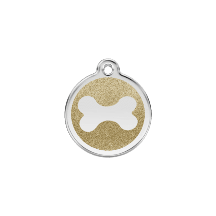 Vue avant - Médaille personnalisée pour chien/chat Red Dingo Émail pailleté Or - Os scintillant - Taille S