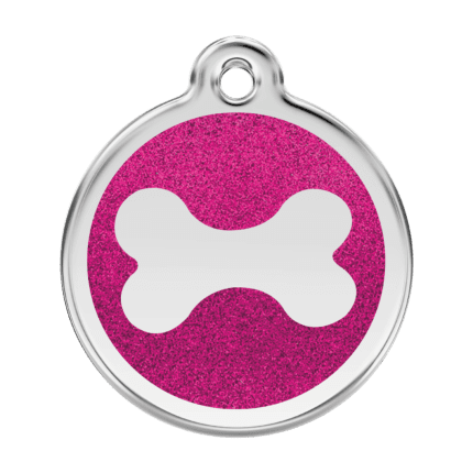 Vue avant - Médaille personnalisée pour chien Red Dingo - Émail pailleté rose vif - Os scintillant - Taille L