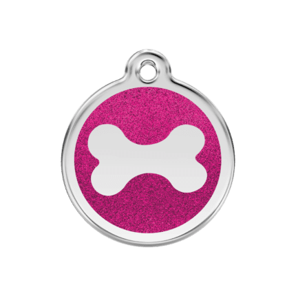 Vue avant - Médaille personnalisable pour chien Red Dingo Émail pailleté rose vif - Os scintillant - Taille M