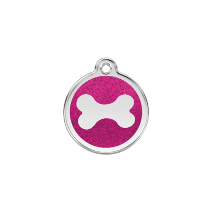 Vue avant - "Médaille personnalisée pour chat ou chien - Red Dingo Émail pailleté rose vif - Os scintillant - Taille S"