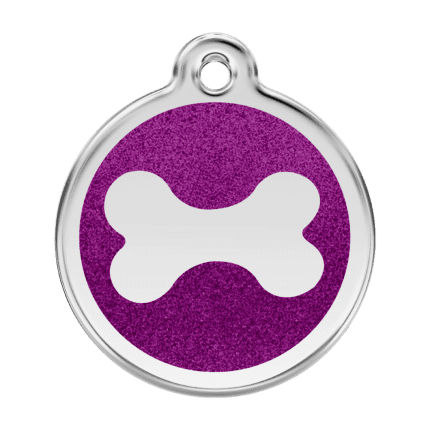 Vue avant - Médaille personnalisée pour chien - Red Dingo Émail pailleté violet - Os scintillant - Taille L