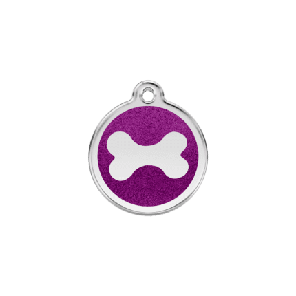 Vue avant - Médaille personnalisée pour chien/chat Red Dingo Émail pailleté violet - Os scintillant - Taille S