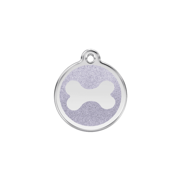 Vue avant - Médaille personnalisée pour chien/chat Red Dingo Émail pailleté argent - Os scintillant - Taille S