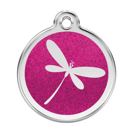 Vue avant - Médaille personnalisée pour chien Red Dingo Émail pailleté rose vif - Libellule scintillante