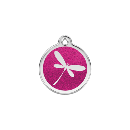 Vue avant - Médaille personnalisée pour chat ou petit chien - Red Dingo - Émail pailleté - Libellule scintillante - Rose vif