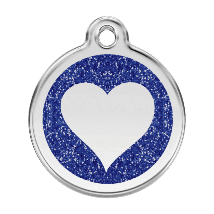 Vue avant - Médaille personnalisée pour chien en émail pailleté et acier inoxydable - Coeur scintillant bleu foncé - Red Dingo