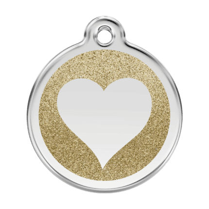 Vue avant - Médaille personnalisée pour chien et chat - Red Dingo Émail pailleté Or - Coeur scintillant