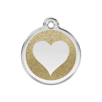 Vue avant - Médaille personnalisée pour chien/chat Red Dingo Émail pailleté Or 30mm - Coeur scintillant - Taille M