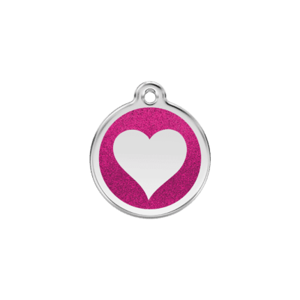 Vue avant - Médaille personnalisée pour chien/chat Red Dingo Émail pailleté rose vif - Taille S - Coeur scintillant