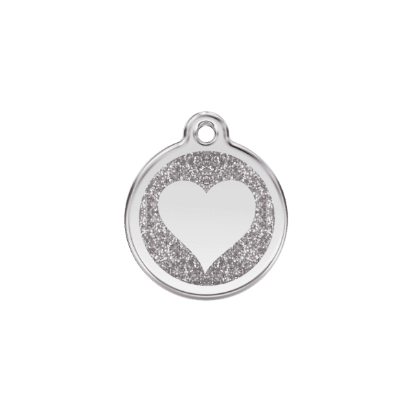 Vue avant - Médaille personnalisée pour chat ou chien Red Dingo Émail pailleté argent 20.00mm - Coeur scintillant