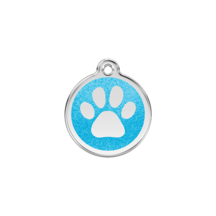 Vue avant - Médaille personnalisée pour chien/chat Red Dingo Émail pailleté Aqua 20mm - Empreinte de patte scintillante