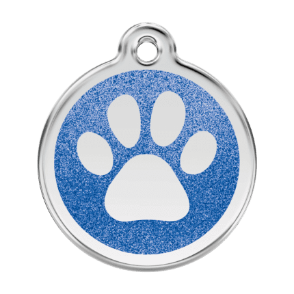 Vue avant - Médaille personnalisée pour chien Red Dingo Émail pailleté bleu foncé - Taille L - Empreinte de patte scintillante