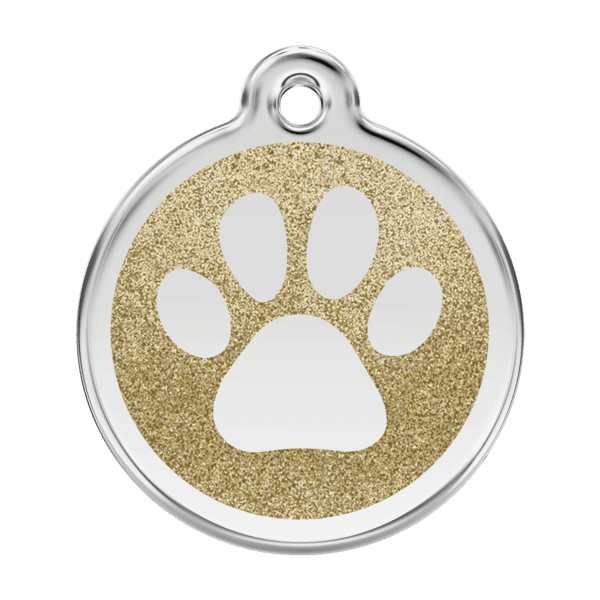 Vue avant - Médaille personnalisée Red Dingo Émail pailleté Or - Empreinte de patte - Taille L
