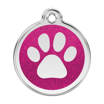 Vue avant - Médaille personnalisable pour chien ou chat - Empreinte de patte scintillante rose vif Red Dingo