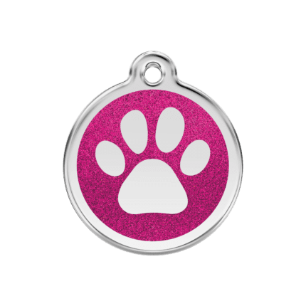 Vue avant - Médaille personnalisée pour chien ou chat - Empreinte de patte en émail pailleté rose vif - Red Dingo