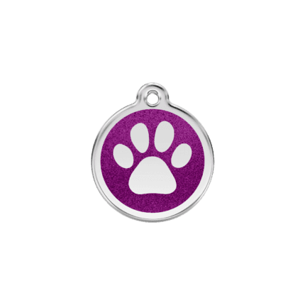 Vue avant - Médaille personnalisée pour chien/chat Red Dingo Émail pailleté violet - Empreinte de patte scintillante - Taille S