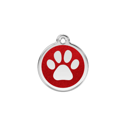 Vue avant - Médaille personnalisée pour chien/chat Red Dingo Émail pailleté rouge - Empreinte de patte scintillante - Taille S