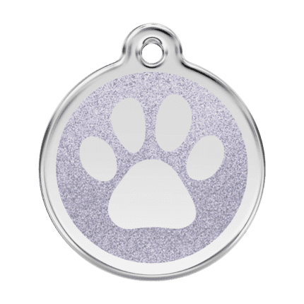 Vue avant - Médaille personnalisable pour chien Red Dingo Émail pailleté et acier inoxydable - Empreinte de patte scintillante - Taille L