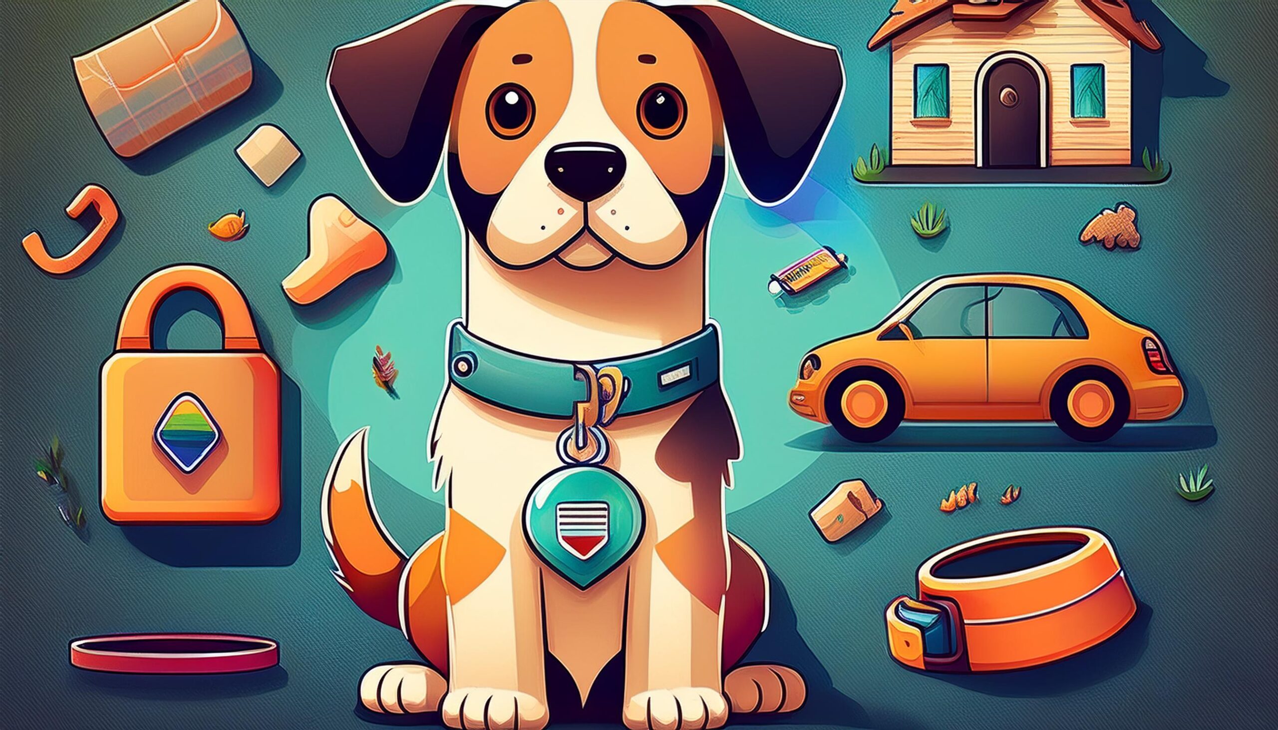 Dessin d'un chien et d'accessoires relatifs à la sécurité pour animaux