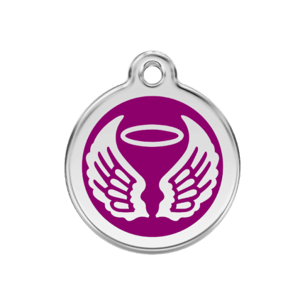 Vue avant - Médaille personnalisée pour chien Red Dingo Émail et acier inoxydable - Ailes d'anges - Violet - Taille M
