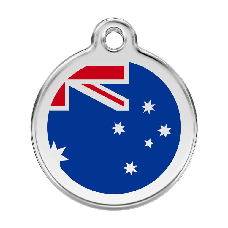 Vue avant - Médaille personnalisée pour chien Red Dingo Émail et acier inoxydable Drapeau australien Bleu foncé - Taille L
